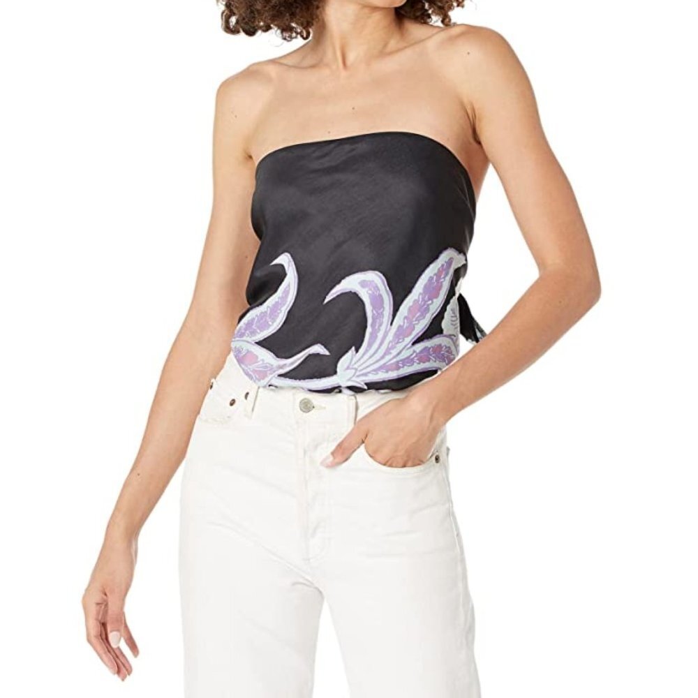 Free People Black Strapless Bodysuit with Lilac Floral Print NWT